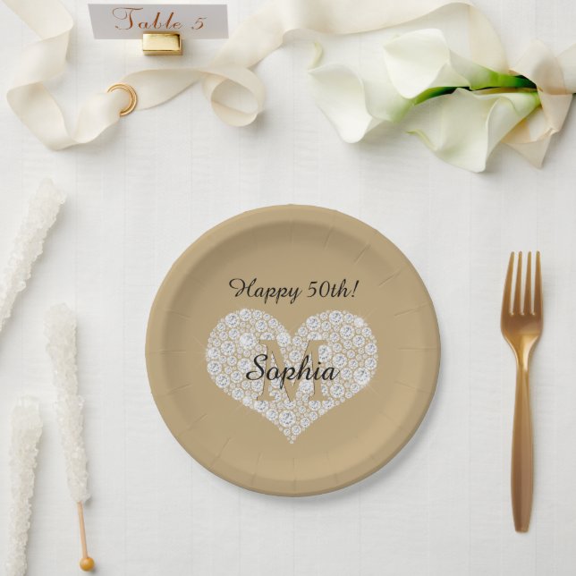 Assiettes En Carton Anniversaire, Coeur Diamant, Monogramme Or, Nom (Mariage)
