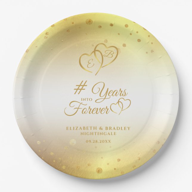 Assiettes En Carton Anniversaire Coeurs d'or des années dans jamais (Devant)