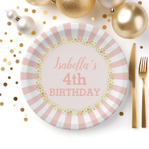Assiettes En Carton Anniversaire Confettis Paillettes Or Rayures Rose 