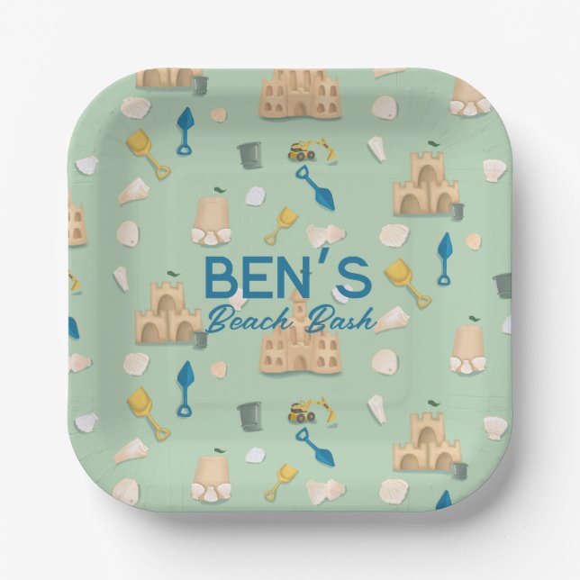 Assiettes En Carton Anniversaire côtier Sandcastle Beach Seashell (Recto)