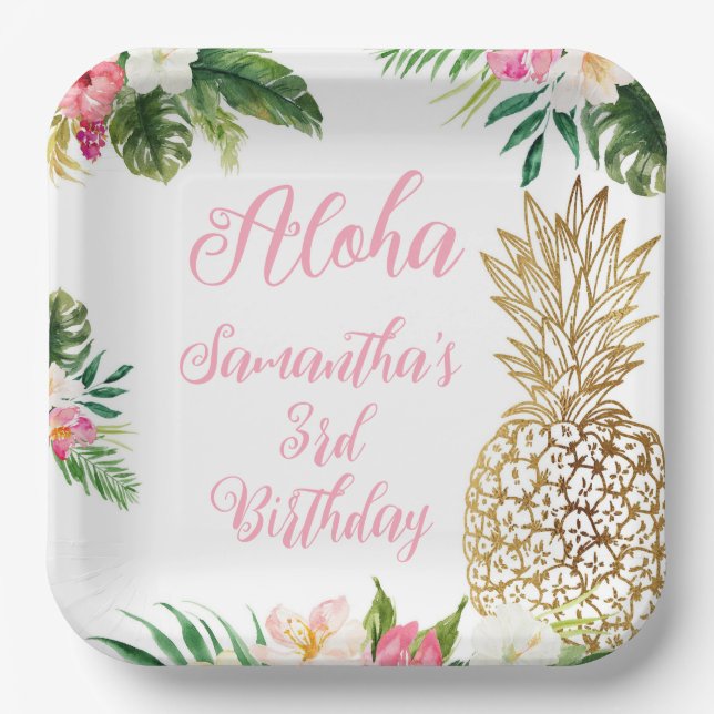 Assiettes En Carton Anniversaire d'Aloha Luau Hawaiian Gold Pineappy (Recto)