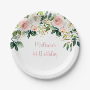 Assiettes En Carton Anniversaire de Boho Floral Blush Gold