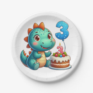 Assiettes En Carton Anniversaire de Dino 3 ans