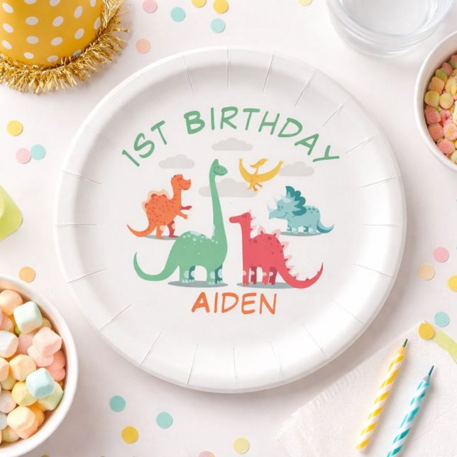 Assiettes En Carton Anniversaire de dinosaure nom (Créateur téléchargé)