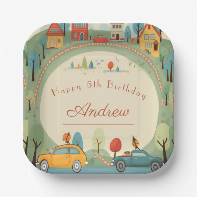 Assiettes En Carton Anniversaire de enfant automobile (Recto)