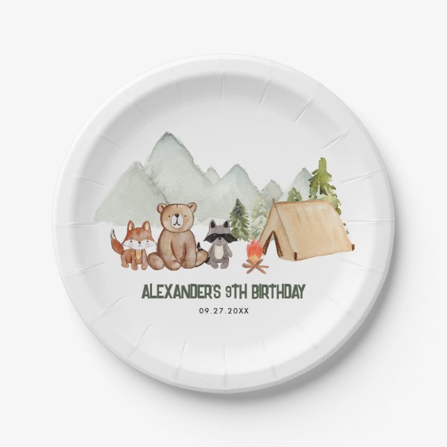 Assiettes En Carton Anniversaire de enfant de camping moderne Woodland (Devant)