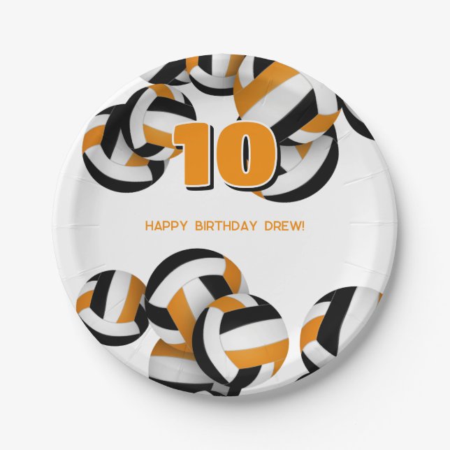 Assiettes En Carton anniversaire de enfant de volley-ball noir orange (Devant)