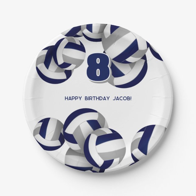 Assiettes En Carton anniversaire de enfant de volleyballs gris bleu (Devant)