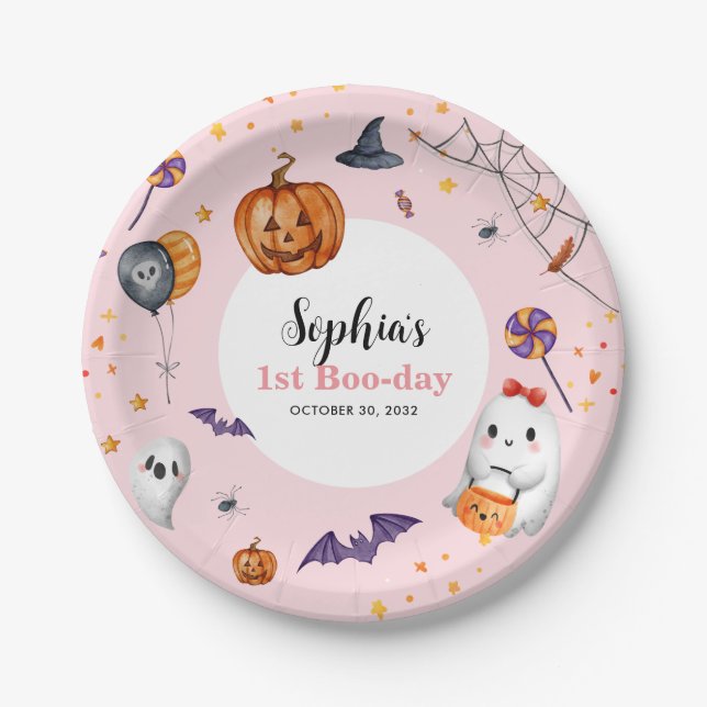Assiettes En Carton Anniversaire de enfant d'Halloween Éffrayant rose  (Devant)