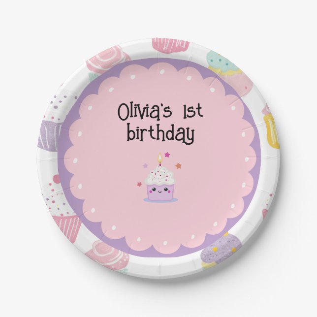 Assiettes En Carton anniversaire de enfant fête cupcake pastel motif (Devant)