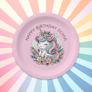 Assiettes En Carton Anniversaire de la fille Pink Unicorn personnalisé