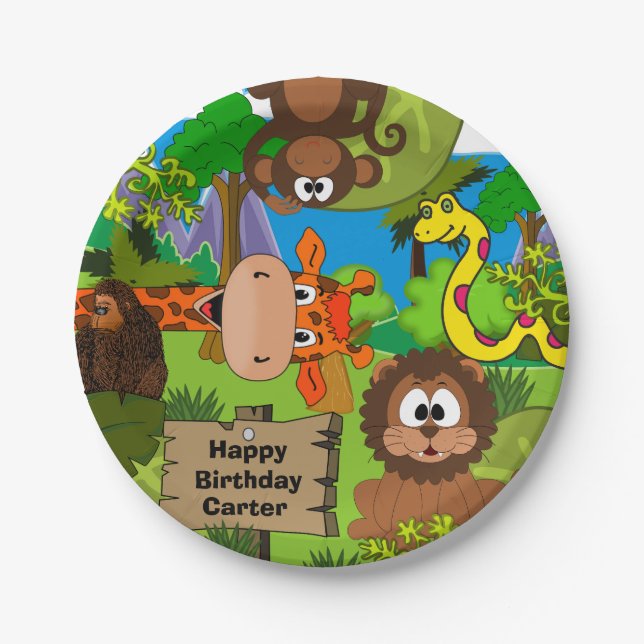 Assiettes En Carton Anniversaire de la jungle personnalisée (Devant)