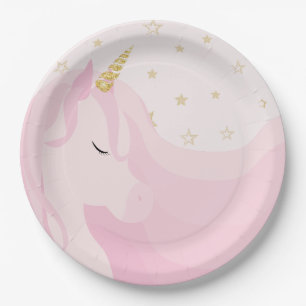 Assiettes En Carton Anniversaire de la licorne d'or rose magique