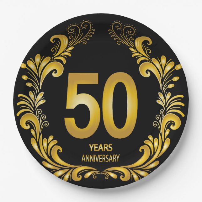 Assiettes En Carton Anniversaire de la Parties scintillant d'or de 50  (Devant)