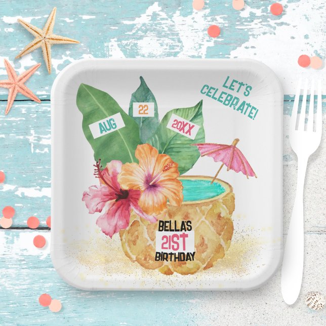 Assiettes En Carton Anniversaire de l'ananas Palm Hibiscus Cocktail tr (Créateur téléchargé)