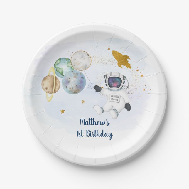 Assiettes En Carton Anniversaire de l'Astronaut Blue Gold (Devant)