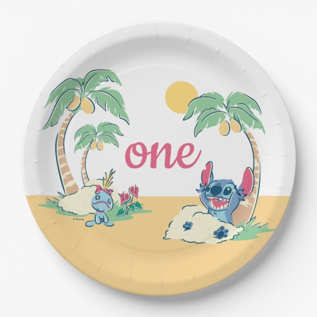 Assiettes En Carton Anniversaire de Lilo et Stitch Beach (Devant)
