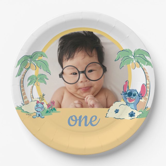 Assiettes En Carton Anniversaire de Lilo et Stitch Beach (Devant)