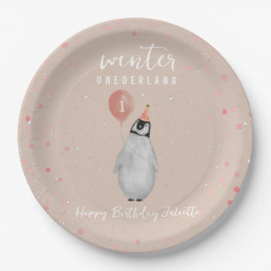 Assiettes En Carton Anniversaire de l'Onederland Pink Penguin Balloon