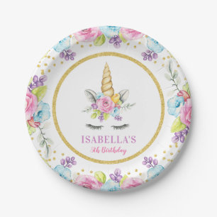 Assiettes En Carton Anniversaire de l'Unicorne florale d'aquarelle