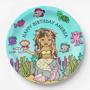 Assiettes En Carton Anniversaire de sirène dessiné à la main de manièr