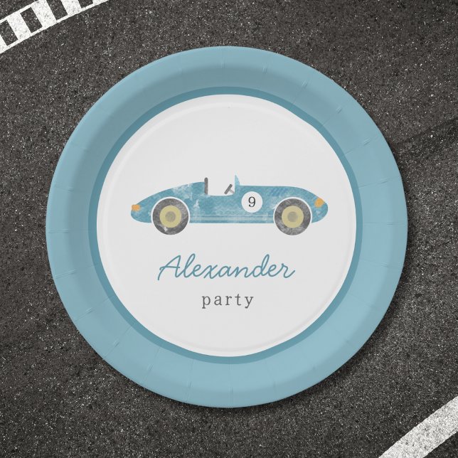 Assiettes En Carton anniversaire de voiture de course bleue (Créateur téléchargé)