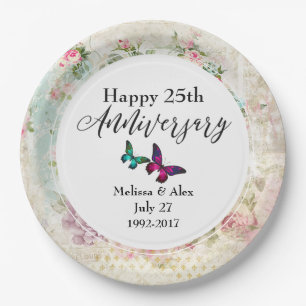 Assiettes En Carton Anniversaire des papillons et Roses Vintages