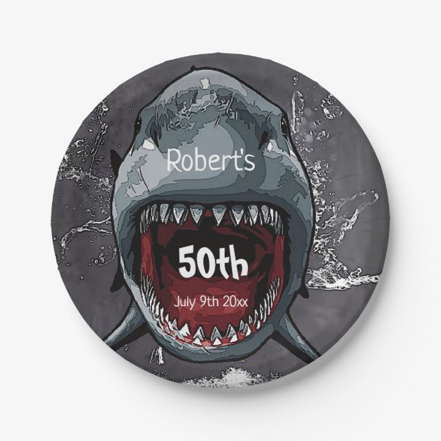Assiettes En Carton Anniversaire des requins, Attaque des requins, (Devant)