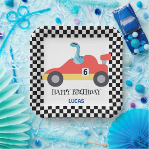Assiettes En Carton Anniversaire Dinosaur voiture de course rouge nom 