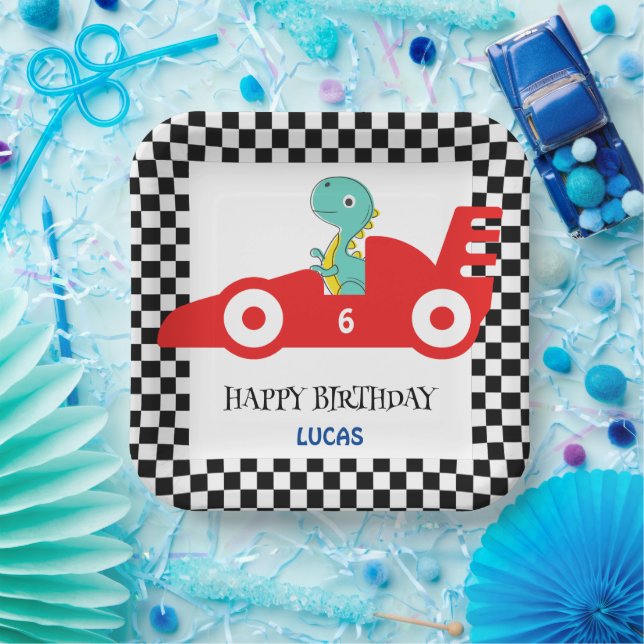 Assiettes En Carton Anniversaire Dinosaur voiture de course rouge nom  (Fête)