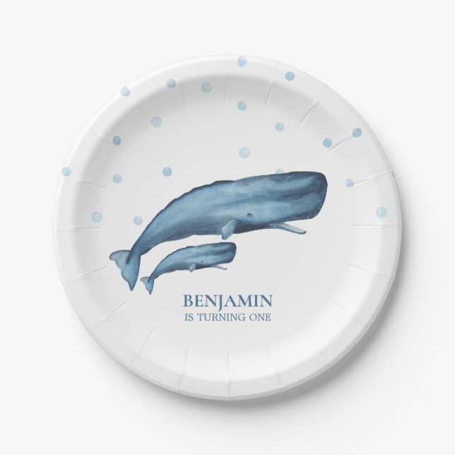 Assiettes En Carton Anniversaire d'océan de baleines bleues et de (Devant)