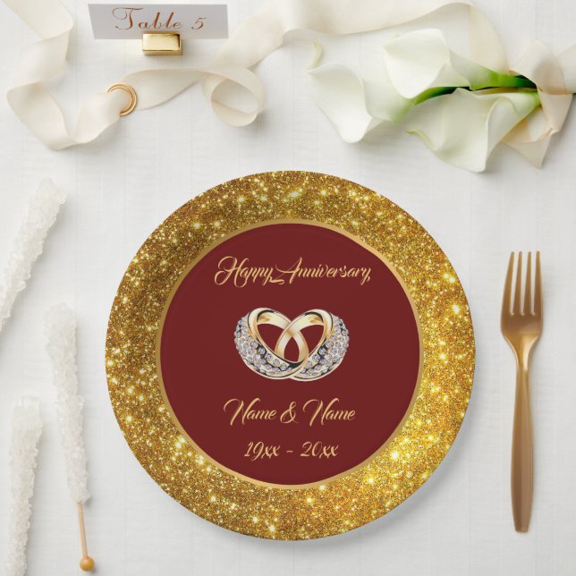 Assiettes En Carton Anniversaire d'or de la Personnaliser de diamant M (Mariage)