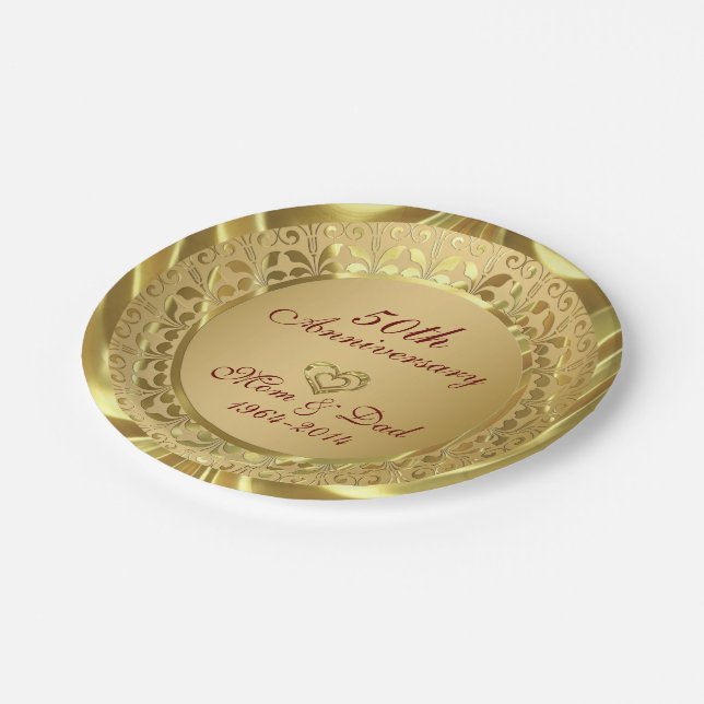 Assiettes En Carton Anniversaire du 50e Mariage de l'or mousseux (Angle)