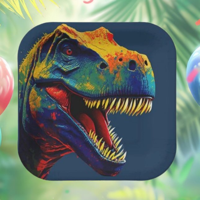 Assiettes En Carton Anniversaire du dinosaure bleu (This Pop Art Blue Dinosaur  sets a fun, vibrant tone for a memorable celebration. )