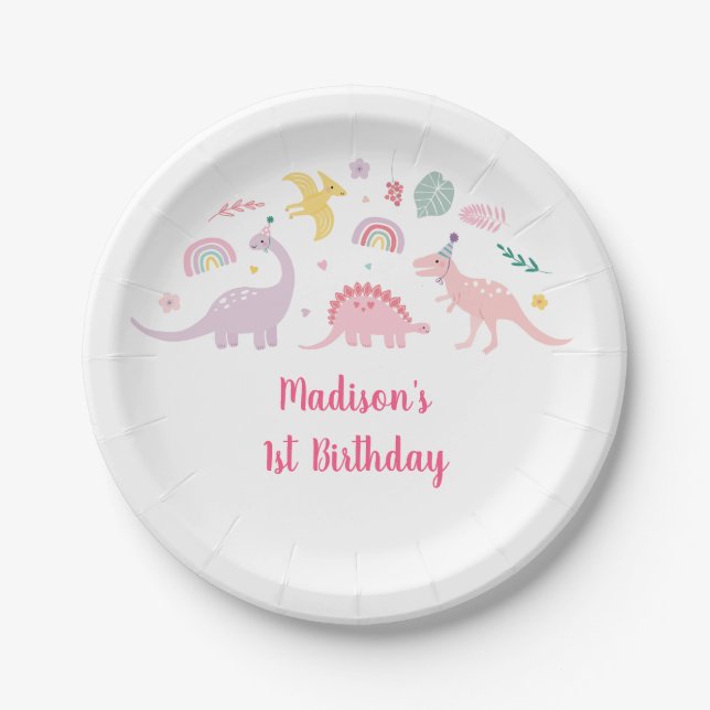 Assiettes En Carton Anniversaire du Dinosaure Boho Rose (Devant)