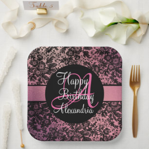 Assiettes En Carton Anniversaire du Monogramme floral noir rose
