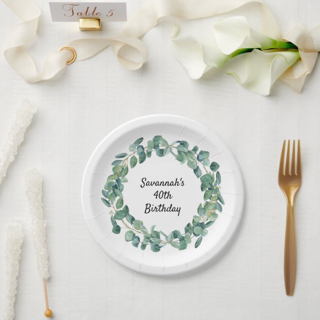 Assiettes En Carton Anniversaire eucalyptus vert nom de couronne éléga (Mariage)
