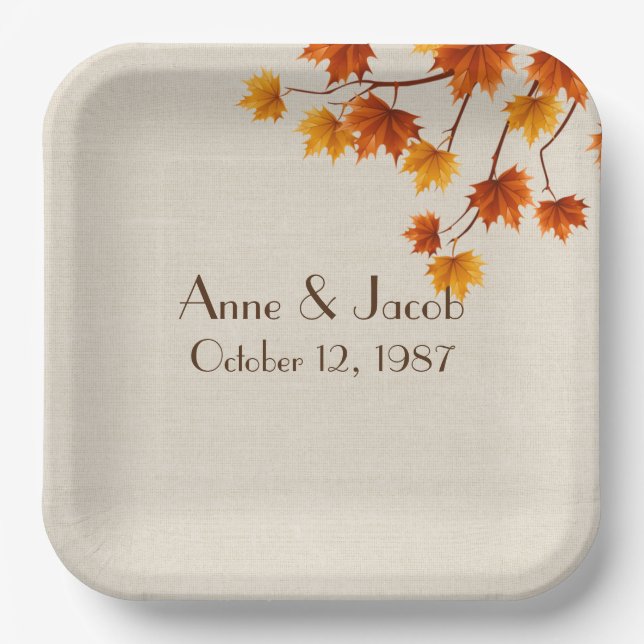 Assiettes En Carton Anniversaire Feuilles d'automne sur Burlap (Recto)