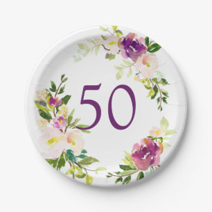 Assiettes En Carton Anniversaire floral d'aquarelle cinquantième