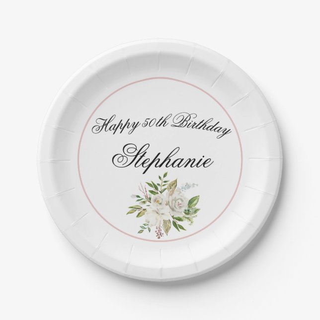 Assiettes En Carton Anniversaire floral élégant (Devant)