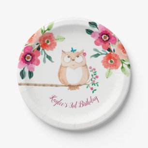 Assiettes En Carton Anniversaire floral rose de hibou