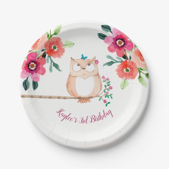 Assiettes En Carton Anniversaire floral rose de hibou (Devant)