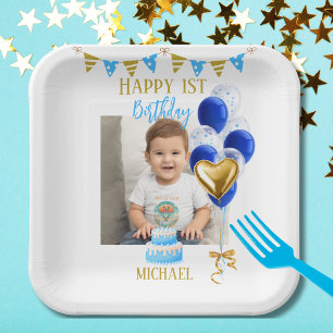 Assiettes En Carton Anniversaire Garçon Un An Photo Bleu Ballon Doré M