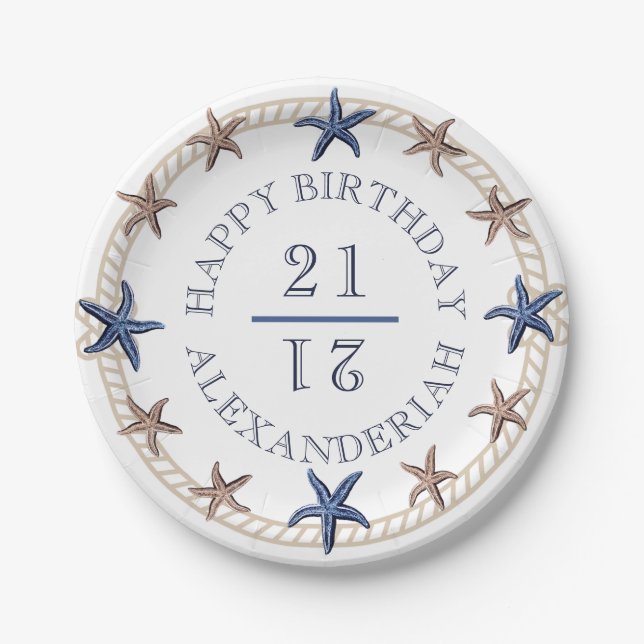 Assiettes En Carton Anniversaire Marine Bleue Blanc Tan Starfish (Devant)