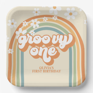Assiettes En Carton Anniversaire Marron Orange Arc-en-ciel Rétro Groov