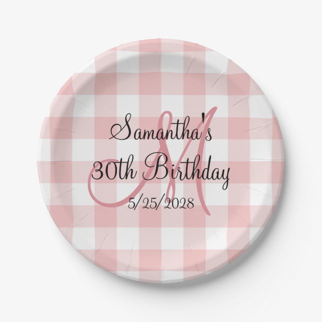 Assiettes En Carton Anniversaire Monogramme Gingham Rose et Blanc (Devant)