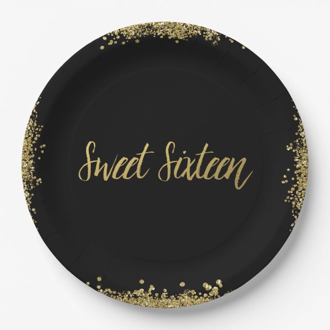 Assiettes En Carton Anniversaire noir de parties scintillantes d'or du (Devant)