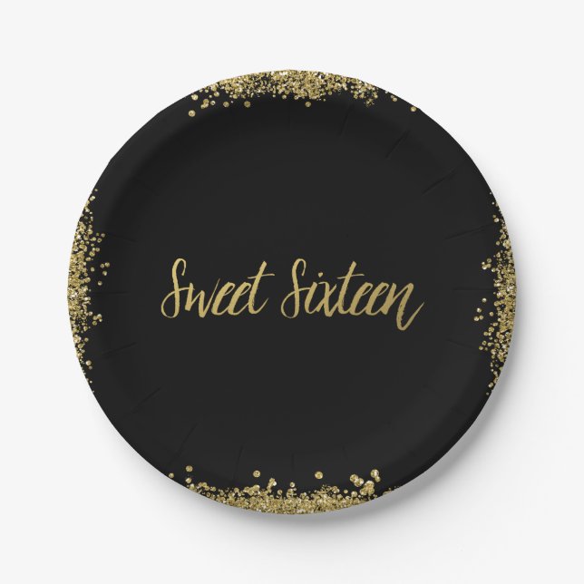 Assiettes En Carton Anniversaire noir de parties scintillantes d'or du (Devant)