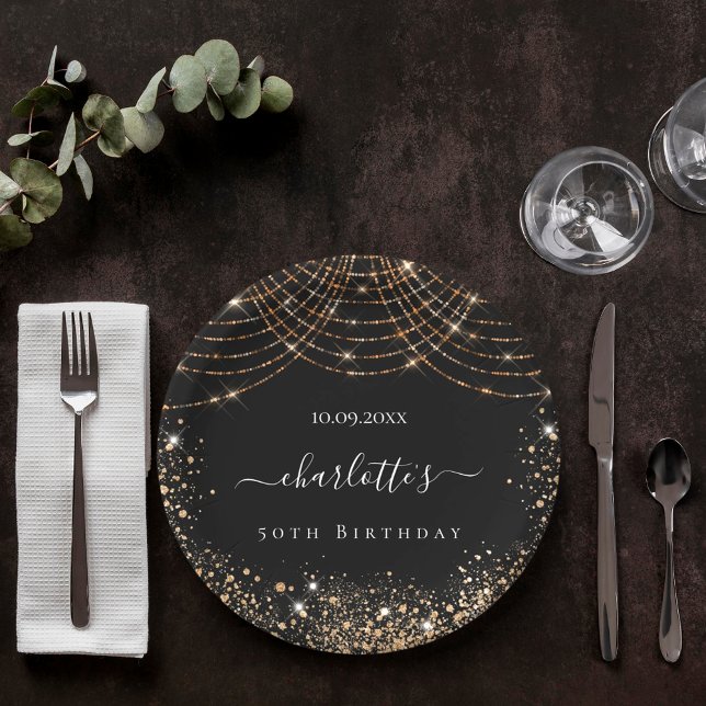 Assiettes En Carton Anniversaire noir or parties scintillant poussière (Créateur téléchargé)