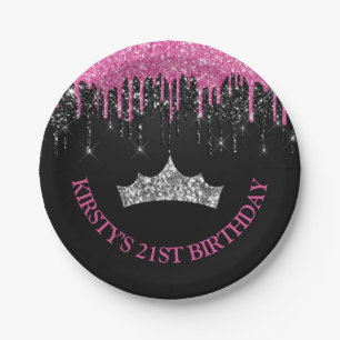 Assiettes En Carton Anniversaire Paillettes Noires et Roses qui Coulen
